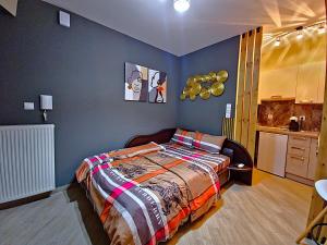 a bedroom with a bed and a blue wall at Gpxclr MicroLuxeSuite in Larisa