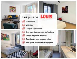a collage of photos of a room with a hotel room at L'Idrac, Appartements Art Déco de standing Cœur de Toulouse in Toulouse