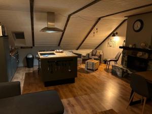 a living room with a kitchen and a fireplace at Haus Konthé, appartement in Winterberg