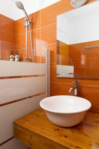 a bathroom with a white bowl sink on a wooden counter at Villa Fiamegou Andros in Batsi