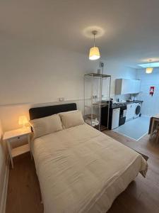 a bedroom with a large bed and a kitchen at Cosy Gem in Cardiff in Cardiff