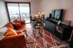 a living room with a couch and a flat screen tv at Appartement moderne et élégant in Saint-Denis