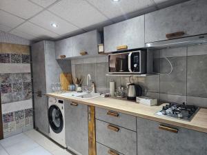 una cucina con lavatrice e microonde di CĂSUȚA DIN ȘIPOT pe Cricovul Dulce a Sultanu Altre 23 foto