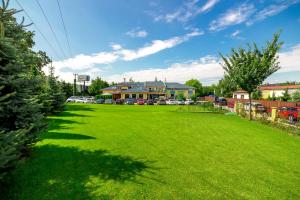 een grote groene tuin met een voetbalveld bij Hotel Lion in Modřice