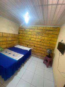 a bedroom with a blue bed and a television at Casa in Garanhuns