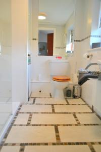 a bathroom with a toilet and a tiled floor at Apple Cottage in Stokeinteignhead