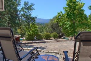 a couple of chairs sitting in a yard at Selah Cabin- Dog Friendly/BBQ/Level 2 EV Charger in Yosemite Forks