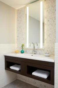 uma casa de banho com um lavatório e um espelho em The Royal Regency Hotel em Yonkers