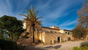 un bâtiment avec un palmier devant dans l'établissement Doppelzimmer Vendaval Es Llobets, à Llucmajor