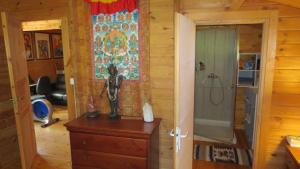 a bathroom with a shower and a dresser in a room at chalet 4 à 6 pers à la campagne 15 mn plages et Ajaccio grand terrain arboré calme assuré in Afa +8 photos