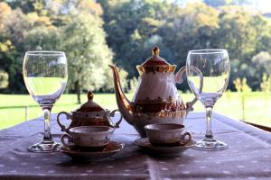 a table with two wine glasses and a tea pot at Divlja Orhideja in Sunja