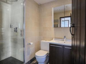 ein Badezimmer mit Toilette, Waschbecken und Dusche in der Unterkunft Tai Ffolt in Pwllheli + 36 Fotos