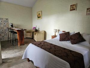 a bedroom with a bed and a desk in a room at Pousada Recanto João de Barro in Cunha