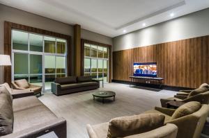 a living room with couches and a flat screen tv at Mira Serra Parque Hotel in Passa Quatro