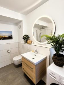 a bathroom with a sink and a toilet and a mirror at Winterberg Appartement 21132 in Winterberg +16 photos