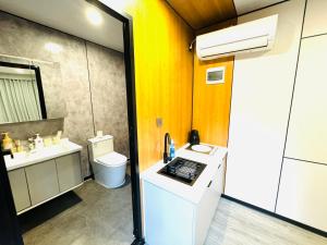 a bathroom with a sink and a toilet at 箱根コンテナステイ コンビニすぐ 海賊船に乗ろう in Hakone