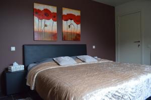 een slaapkamer met een bed met twee schilderijen aan de muur bij B&B Hof Ter Haegen in Vollezele