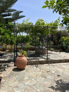 a garden with a large vase sitting on a patio at Village Guest House in Corfu