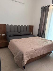 een slaapkamer met een groot bed met een grijs hoofdeinde bij 3bhk villa at koramangala in Bangalore
