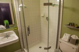 a bathroom with a shower, sink, and mirror at Hotel Fusion, a C-Two Hotel in San Francisco