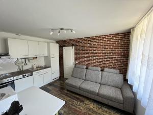 ein Wohnzimmer mit einer Couch und einer Backsteinwand in der Unterkunft Engstliz Apartman in Foeni
