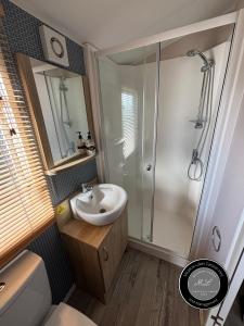 Bilik mandi di B9 - Sunnymede Fantasy Island - hot tub, pet friendly, WiFi, ramped veranda - Meadow Lakes Caravan & Lodge Hire