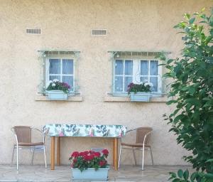 a table with chairs and flowers in front of two windows at Gentil coquelicot in Mirepoix