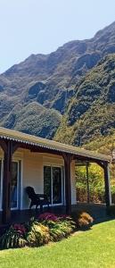a house with a dog standing in front of a mountain at La Caz'Anna 2 in Cilaos
