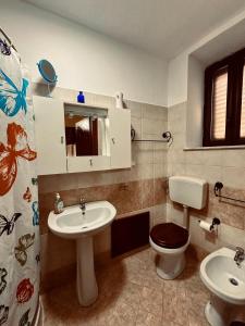 Un baño con lavabo, inodoro y espejo. en Centro Mare Aeroporto di Palermo Wi-Fi&Self-Check-In, en Balestrate