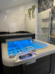 a bathroom with a blue tub in a sink at Oaza Mira LAZE in Nova Gradiška