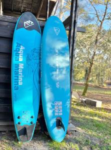 zwei Snowboards liegen nebeneinander in der Unterkunft Jolie maison au cœur de la Marina Talaris Lacanau in Lacanau