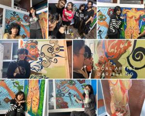 a collage of pictures of people doing art at Pathfinder's Nest Hostel in Darjeeling