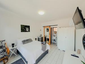 a bedroom with a bed and a desk and a television at Gaiaqua Guesthouse in Gqeberha