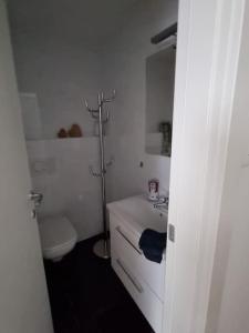 une salle de bain blanche avec toilettes et lavabo dans l'établissement Schöne neue 2,5 Zimmer Wohnung in Savognin, à Savognin 5 autres photos