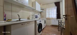 a kitchen with a sink and a washing machine at Republicii Residence 2 in Ploieşti