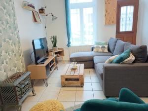 salon z kanapą i telewizorem w obiekcie L'artistique, 4 lits, 2 chambres, stationnement gratuit, spacieux, atypique w Amiens