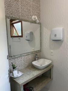 a bathroom with a sink and a mirror at Pousada dos Pássaros in Gramado