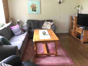 Una sala de estar con un sofá y una mesa de café. en Oceanview House Ideal for Peaceful Holidays, en Venøya