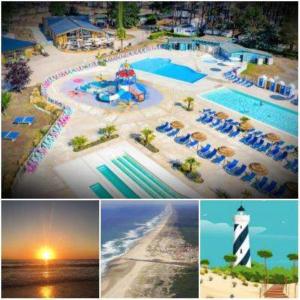 a collage of four pictures of a pool and a lighthouse at MH 475 ELEGANZIA 2CH ET 1sdb dans camping 4 étoiles avec parc aquatique in Saint-Julien-en-Born