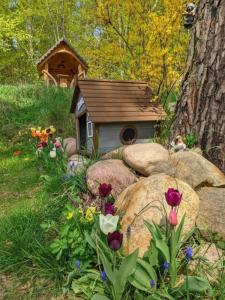 a small bird house in a garden with flowers at Ferien im Tiny House in Stuer