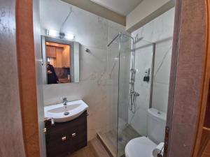 a bathroom with a shower and a sink and a toilet at Gpxclr MicroLuxeSuite in Larisa