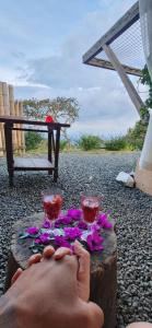 卡利Glamping La Pau的戴着两杯酒杯和鲜花的人