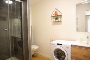 a bathroom with a washing machine and a toilet at Studio moderne et tout équipé au cœur de Bourbourg - gare à proximité in Bourbourg