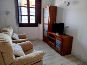 Una sala de estar con un sofá y un televisor. en AT Villa Manola, en Colombres