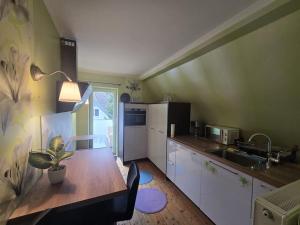 a kitchen with a wooden table with a potted plant at Hildas romantische Ferienwohnung in Gödenstorf
