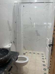 a white bathroom with a toilet and a shower at Studio Yasmine in Azrou