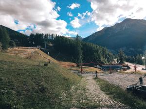 a road in a field with a mountain in the background at Appart Cosy 4 Personnes - Ski aux Pieds, Les Orres in Les Orres