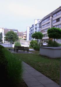 un parc avec un banc, des arbres et des bâtiments dans l'établissement Art Apartment Scharitzerstraße, à Linz