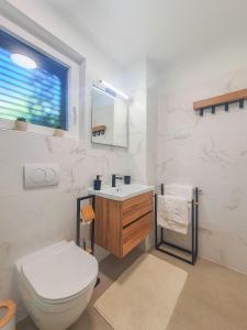 a bathroom with a toilet and a sink and a window at Sea-view Apartments Klara - Viganj in Viganj