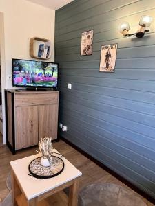 a living room with a blue wall and a tv at Résidence Le Pédrou - maeva Home - Appartement 2 pièces 4 personnes - Sélection MAE-8531 in Font Romeu Odeillo Via